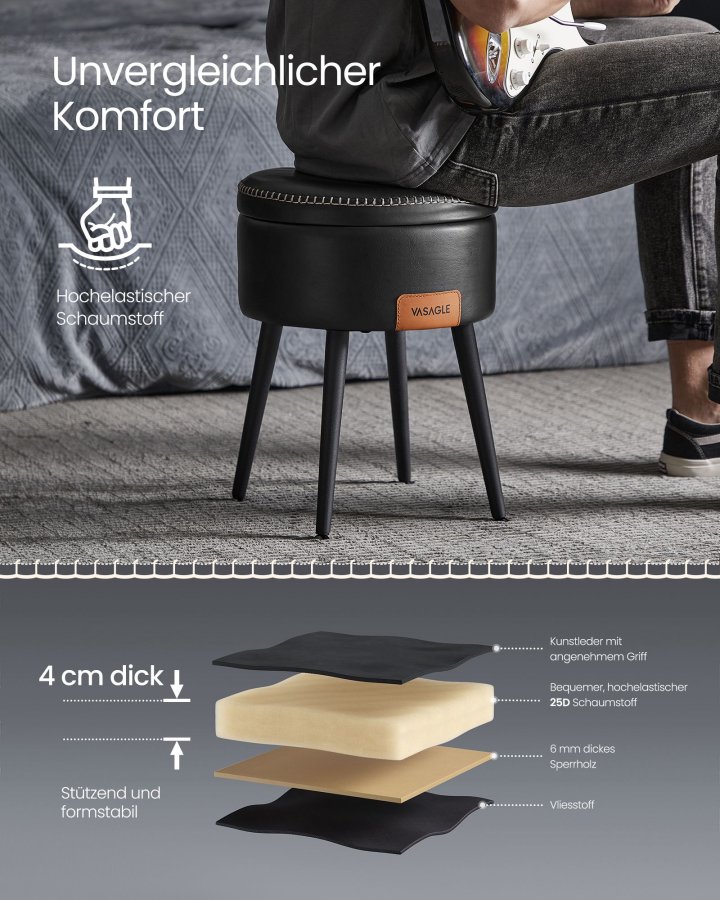 VASAGLE EKHO Collection Fotpall med f&ouml;rvaring, Sminkf�t&ouml;lj med pall, Rund sits med f&ouml;rvaring, B&auml;rkapacitet 147 kg, Bl&auml;cksvart LOM005B01