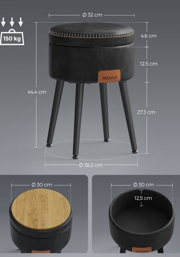 VASAGLE EKHO Collection Fotpall med f&ouml;rvaring, Sminkf�t&ouml;lj med pall, Rund sits med f&ouml;rvaring, B&auml;rkapacitet 147 kg, Bl&auml;cksvart LOM005B01