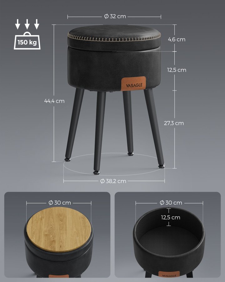VASAGLE EKHO Collection Fotpall med f&ouml;rvaring, Sminkf�t&ouml;lj med pall, Rund sits med f&ouml;rvaring, B&auml;rkapacitet 147 kg, Bl&auml;cksvart LOM005B01