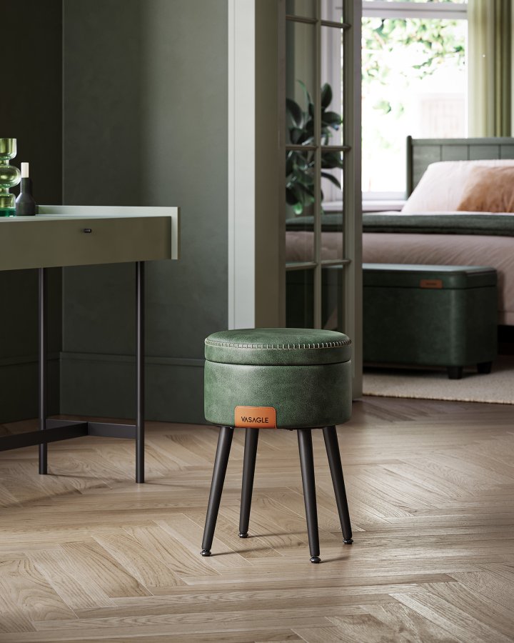 VASAGLE EKHO Kollektion - F&ouml;rvaringspall, Sminkbordspall, PU med s&ouml;mmar, Mid-Century Modern, Rund f&ouml;rvaringspall med st�lben, Kapacitet 150 kg, Skogsgr&ouml;n LOM005C01