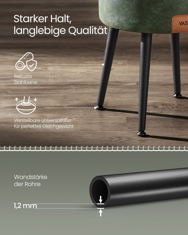 VASAGLE EKHO Kollektion - F&ouml;rvaringspall, Sminkbordspall, PU med s&ouml;mmar, Mid-Century Modern, Rund f&ouml;rvaringspall med st�lben, Kapacitet 150 kg, Skogsgr&ouml;n LOM005C01