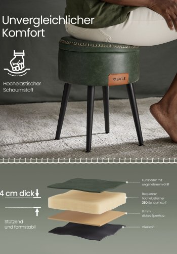 VASAGLE EKHO Kollektion - F&ouml;rvaringspall, Sminkbordspall, PU med s&ouml;mmar, Mid-Century Modern, Rund f&ouml;rvaringspall med st�lben, Kapacitet 150 kg, Skogsgr&ouml;n LOM005C01