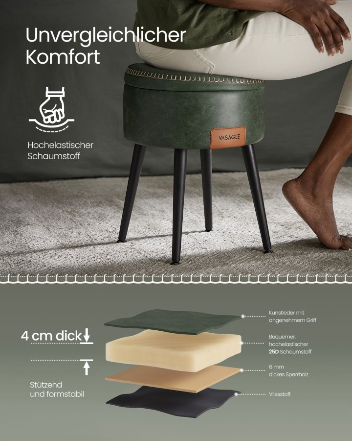 VASAGLE EKHO Kollektion - F&ouml;rvaringspall, Sminkbordspall, PU med s&ouml;mmar, Mid-Century Modern, Rund f&ouml;rvaringspall med st�lben, Kapacitet 150 kg, Skogsgr&ouml;n LOM005C01
