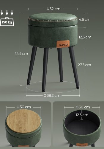 VASAGLE EKHO Kollektion - F&ouml;rvaringspall, Sminkbordspall, PU med s&ouml;mmar, Mid-Century Modern, Rund f&ouml;rvaringspall med st�lben, Kapacitet 150 kg, Skogsgr&ouml;n LOM005C01