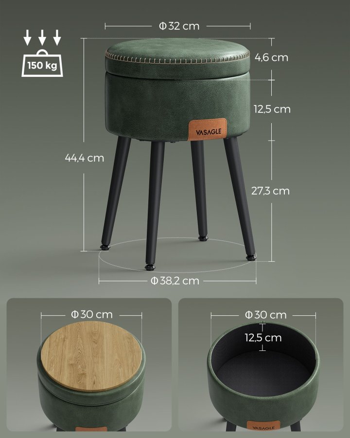 VASAGLE EKHO Kollektion - F&ouml;rvaringspall, Sminkbordspall, PU med s&ouml;mmar, Mid-Century Modern, Rund f&ouml;rvaringspall med st�lben, Kapacitet 150 kg, Skogsgr&ouml;n LOM005C01