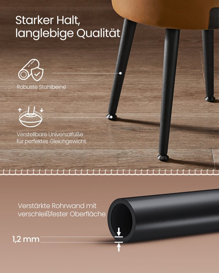VASAGLE EKHO Kollektion - Puff med f&ouml;rvaring, sminkpall, konstl&auml;der med s&ouml;mmar, 50-talsmodern, rund sits med f&ouml;rvaring och st�lben, lastkapacitet 150 kg, karamellbrun LOM005K01