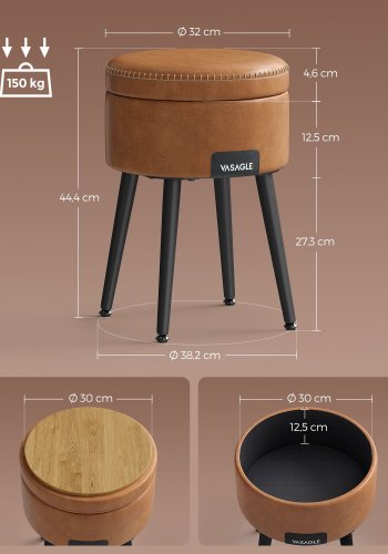 VASAGLE EKHO Kollektion - Puff med f&ouml;rvaring, sminkpall, konstl&auml;der med s&ouml;mmar, 50-talsmodern, rund sits med f&ouml;rvaring och st�lben, lastkapacitet 150 kg, karamellbrun LOM005K01