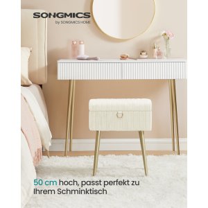 SONGMICS Sminkbordsstol Pall med f&ouml;rvaring Sminkbordspall Fotpall Metallben Kl&auml;dda Justerbara f&ouml;tter Vardagsrum Sovrum Omkl&auml;dningsrum Kr&auml;mvit LOM505WZ02