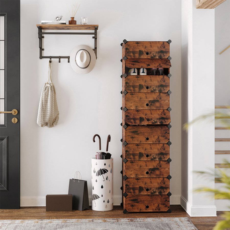 SONGMICS sammenl�sende skohylde, rektangul�r opbevaringsorganisator, modul�r g�r-det-selv-opbevaringshylde med 10 pladser, 40 x 30 x 17 cm til hver plads, plastikgarderobe med d�re, rustik brun LPC010A01