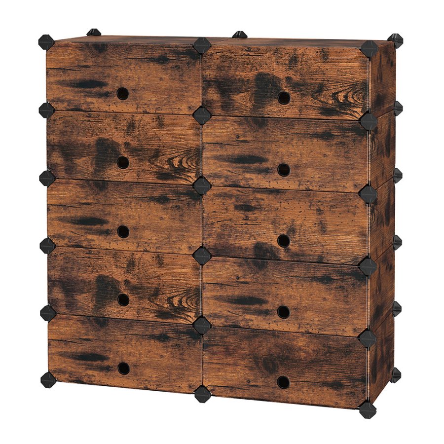 SONGMICS sammenl�sende skohylde, rektangul�r opbevaringsorganisator, modul�r g�r-det-selv-opbevaringshylde med 10 pladser, 40 x 30 x 17 cm til hver plads, plastikgarderobe med d�re, rustik brun LPC010A01