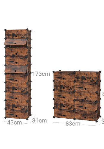 SONGMICS sammenl�sende skohylde, rektangul�r opbevaringsorganisator, modul�r g�r-det-selv-opbevaringshylde med 10 pladser, 40 x 30 x 17 cm til hver plads, plastikgarderobe med d�re, rustik brun LPC010A01