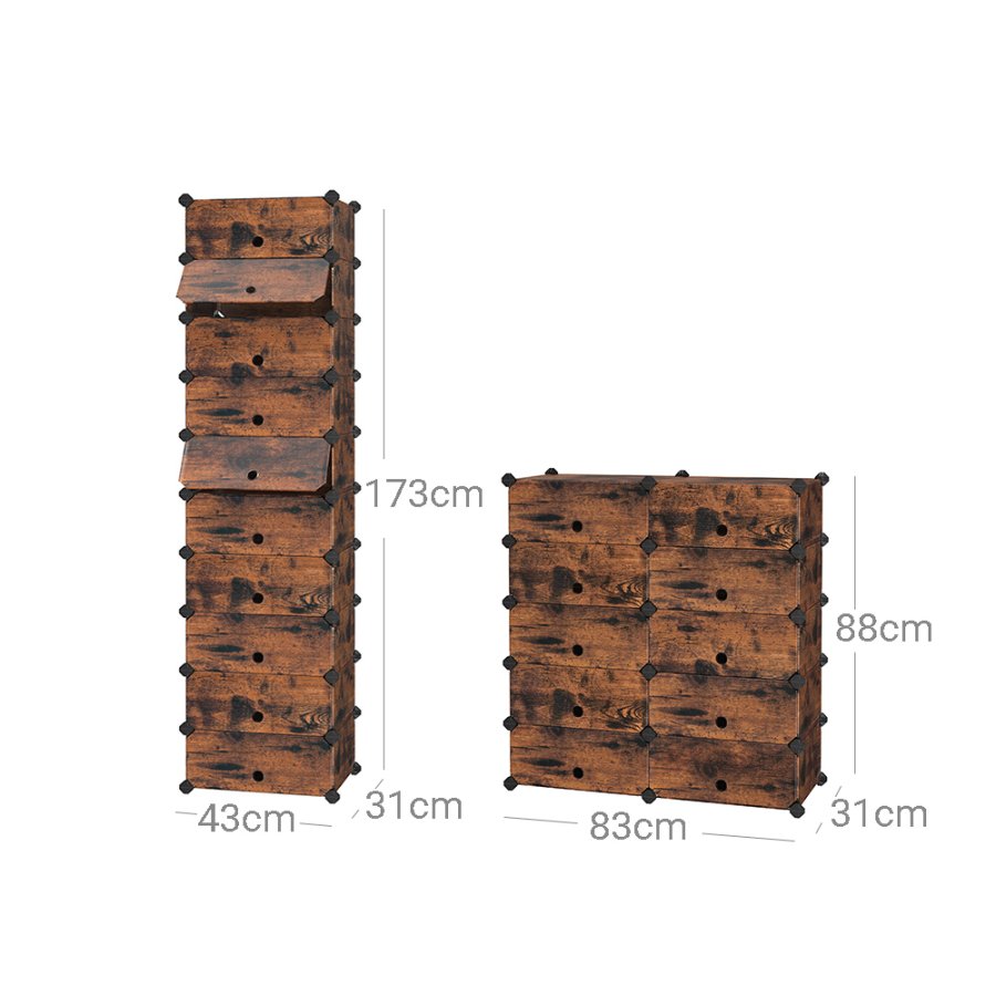 SONGMICS sammenl�sende skohylde, rektangul�r opbevaringsorganisator, modul�r g�r-det-selv-opbevaringshylde med 10 pladser, 40 x 30 x 17 cm til hver plads, plastikgarderobe med d�re, rustik brun LPC010A01