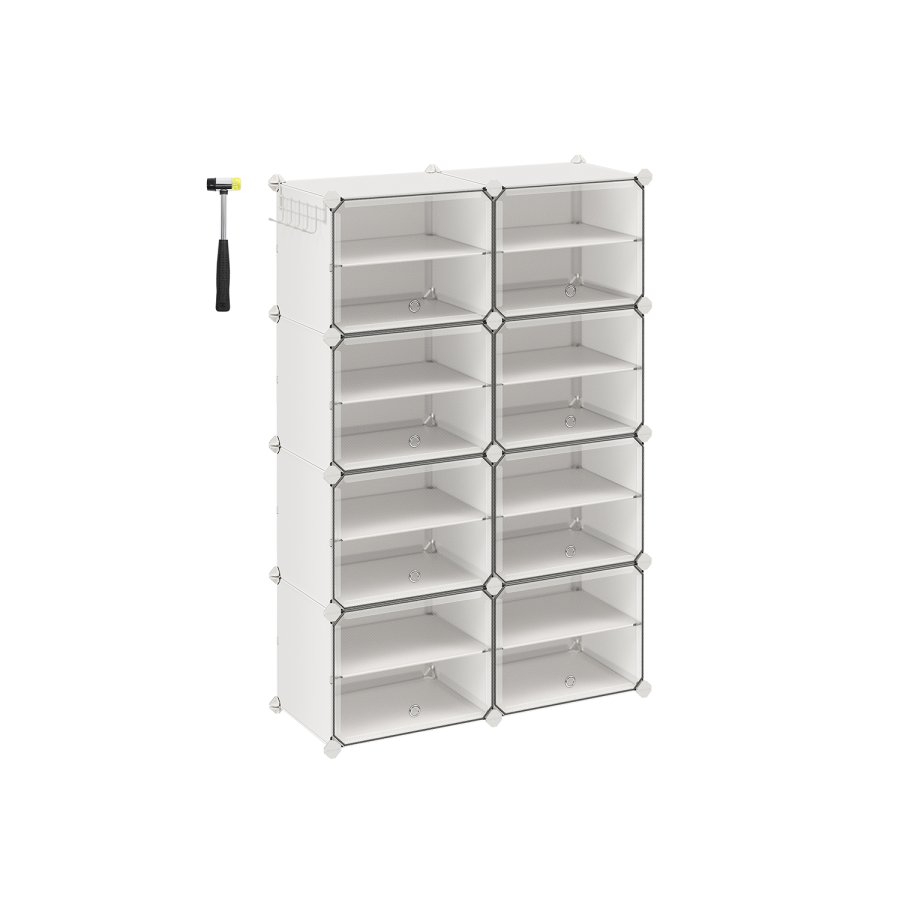 SONGMICS Skoreol, 8-kubers skoarrang�r med d�re, 32 par plastik skoopbevaringsskab, til sovev�relse, entr&eacute;, st�lramme, plastikpanel, hvid