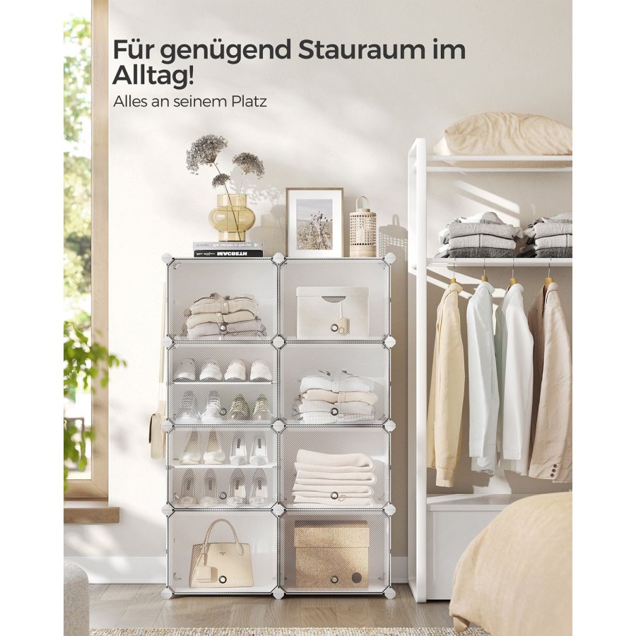 SONGMICS Skoreol, 8-kubers skoarrang�r med d�re, 32 par plastik skoopbevaringsskab, til sovev�relse, entr&eacute;, st�lramme, plastikpanel, hvid