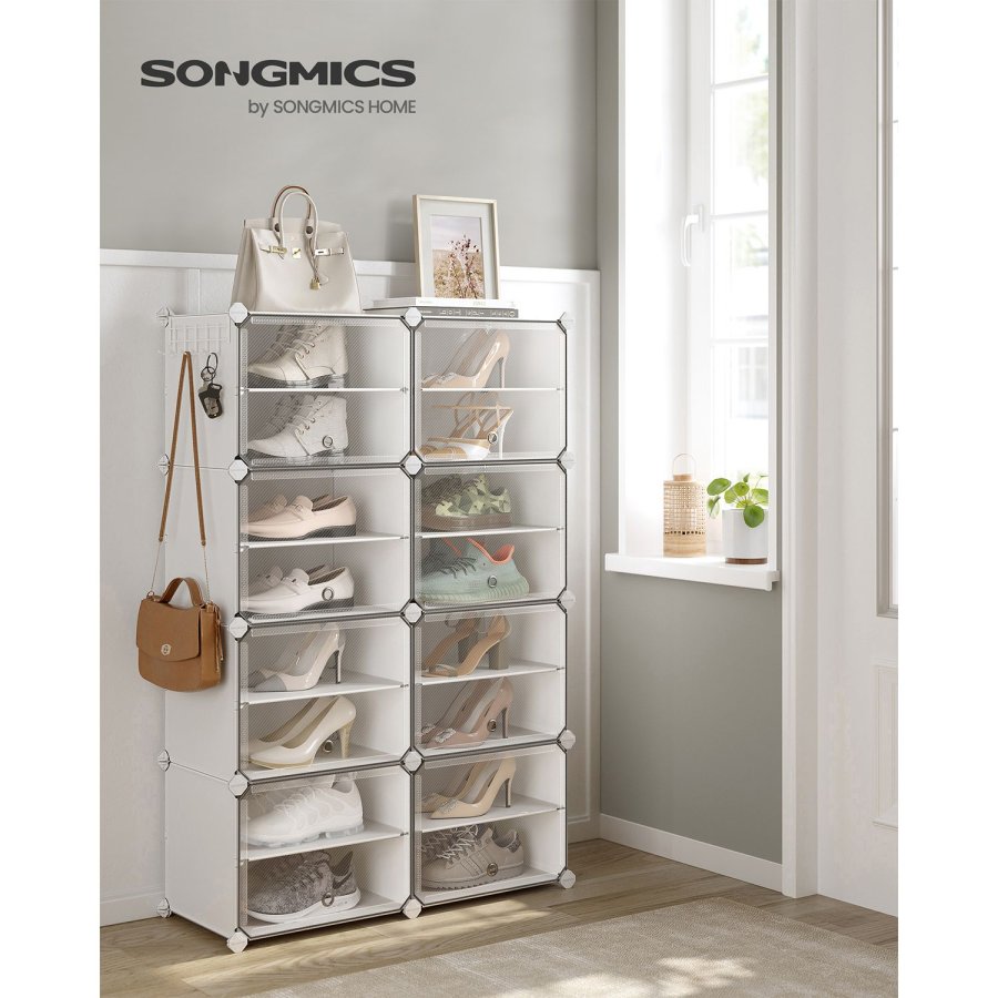SONGMICS Skoreol, 8-kubers skoarrang�r med d�re, 32 par plastik skoopbevaringsskab, til sovev�relse, entr&eacute;, st�lramme, plastikpanel, hvid