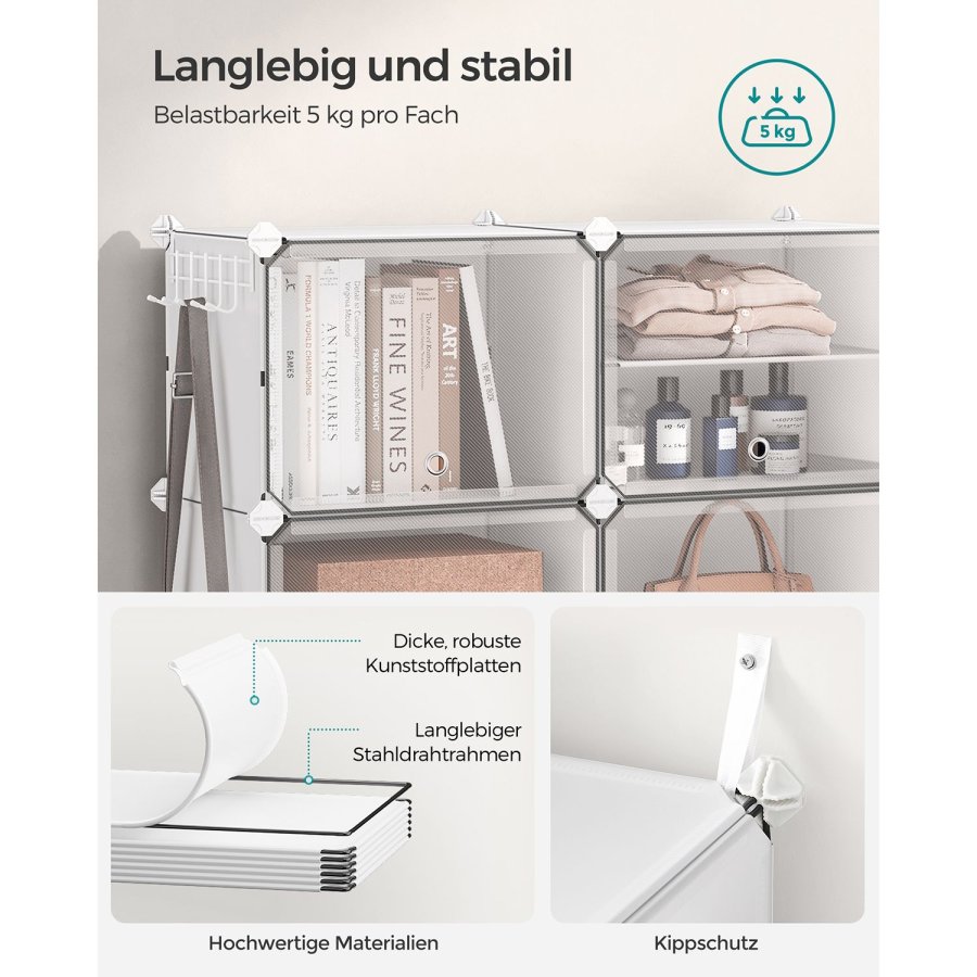 SONGMICS Skoreol, 8-kubers skoarrang�r med d�re, 32 par plastik skoopbevaringsskab, til sovev�relse, entr&eacute;, st�lramme, plastikpanel, hvid