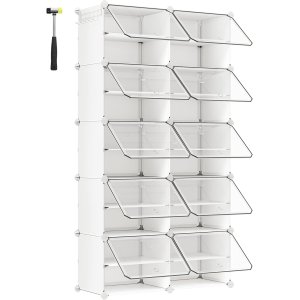 SONGMICS sammenl�sende skoreol, plastik skoskab, modul�r opbevaringsenhed med 10 pladser, 30 x 40 x 30 cm til hver plads, med d�re, st�lramme, plastpaneler, hvid LPC035W01
