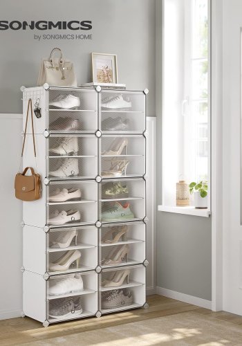 SONGMICS Steckschuhregal, Schuhschrank aus Kunststoff, modulares Aufbewahrungssystem mit 10 F�chern, je 30 x 40 x 30 cm, mit T�ren, Stahlrahmen, Kunststoffpaneelen, wei� LPC035W01