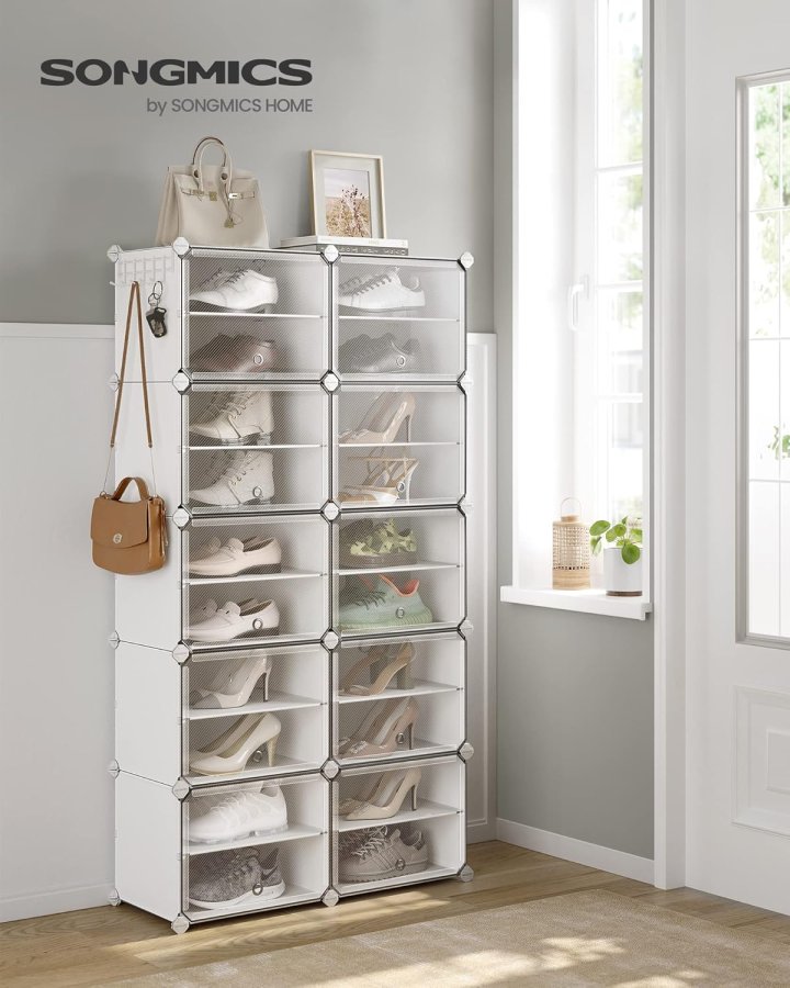 SONGMICS sammenl�sende skoreol, plastik skoskab, modul�r opbevaringsenhed med 10 pladser, 30 x 40 x 30 cm til hver plads, med d�re, st�lramme, plastpaneler, hvid LPC035W01