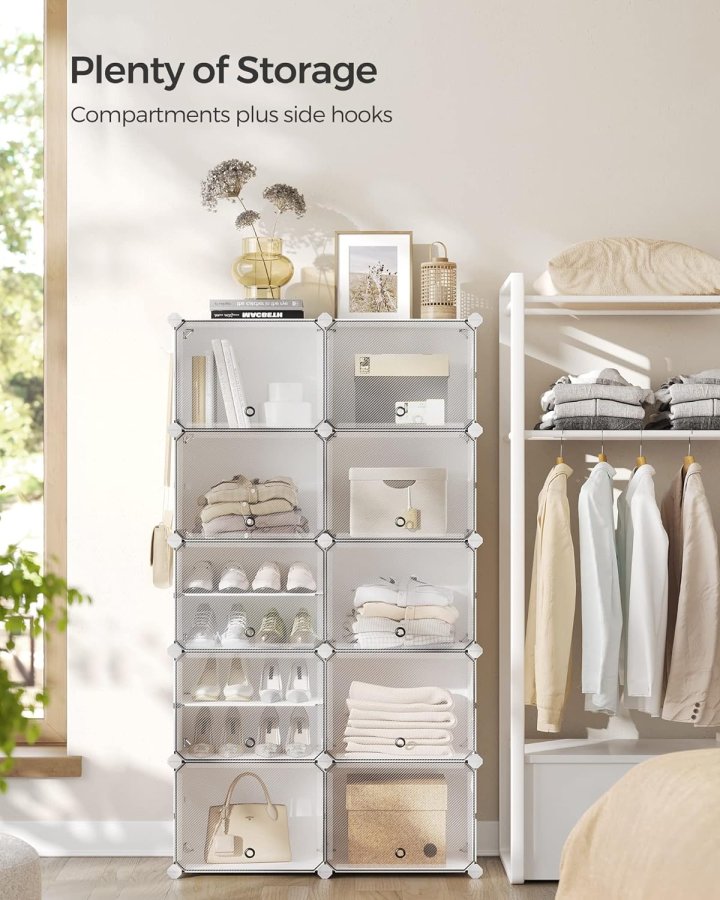 SONGMICS sammenl�sende skoreol, plastik skoskab, modul�r opbevaringsenhed med 10 pladser, 30 x 40 x 30 cm til hver plads, med d�re, st�lramme, plastpaneler, hvid LPC035W01