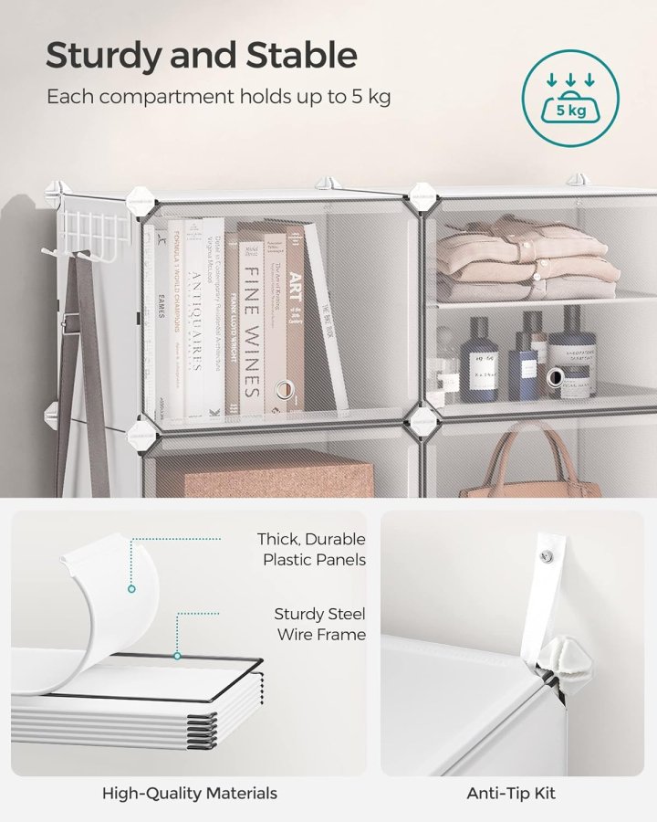 SONGMICS sammenl�sende skoreol, plastik skoskab, modul�r opbevaringsenhed med 10 pladser, 30 x 40 x 30 cm til hver plads, med d�re, st�lramme, plastpaneler, hvid LPC035W01