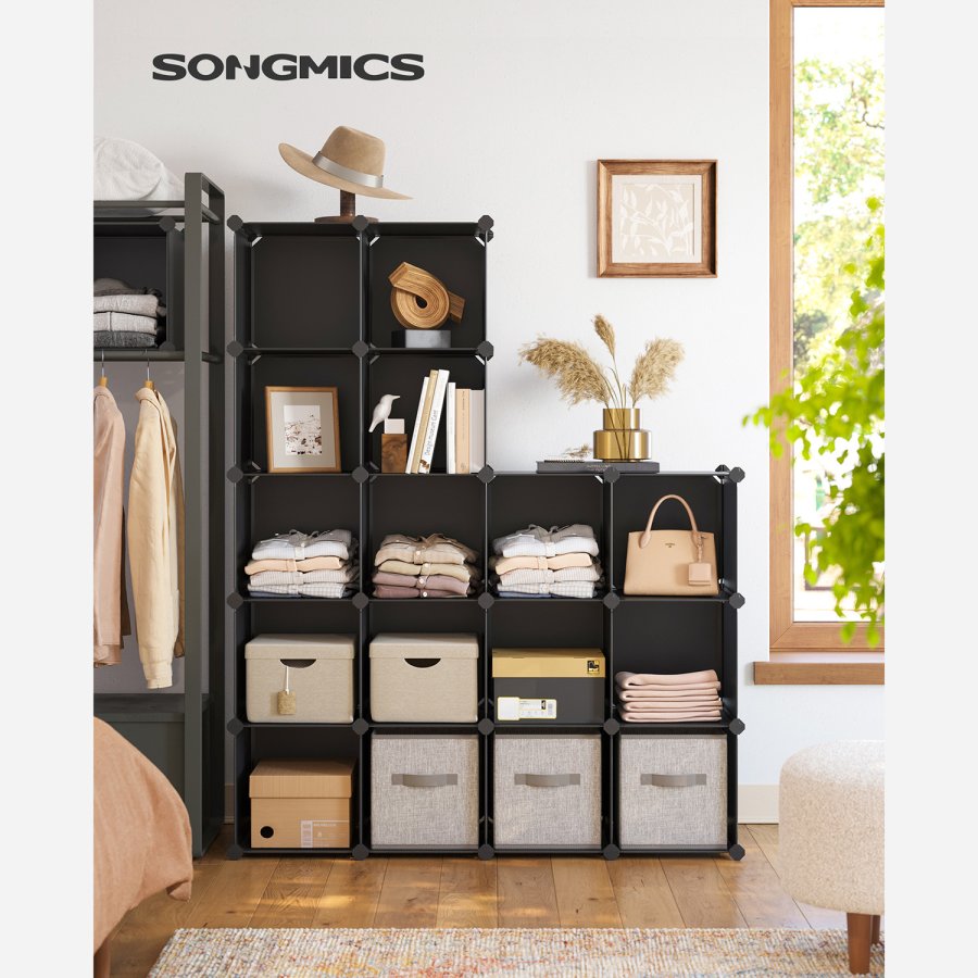 SONGMICS LPC44BK 15-kuber reol, rumdeler, stabelbar - sort polypropylen og st�l
