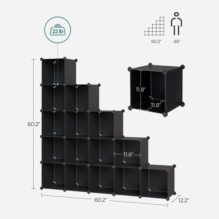 SONGMICS LPC44BK 15-kuber reol, rumdeler, stabelbar - sort polypropylen og st�l