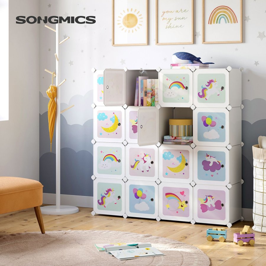 SONGMICS LPC906W01 barnbokhylla, med 16 kubformade m&ouml;nstrade d&ouml;rrar - vit och flerf&auml;rgad polypropen och st�l