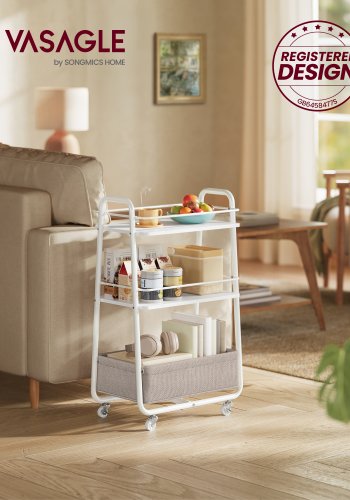 VASAGLE LRC001WB01 Lilea rullebord, m. 2 hylder, 1 stofkurv, hjul - kamelbrun polyester stof og hvid sp�nplade/st�l (43,2x30,4)