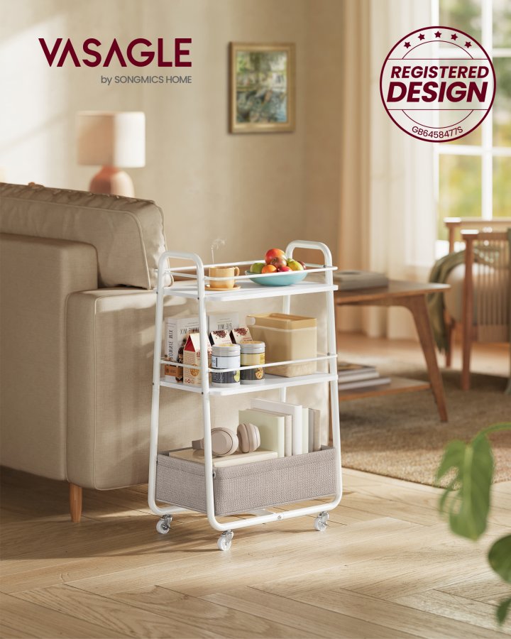 VASAGLE LILEA Kollektion - Opbevaringsvogn med stofkurv, 3-lags rullevogn p� hjul, med hylder, til stue, sovev�relse, k�kken, Cloud White og Camel Brown LRC001WB01