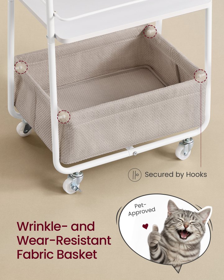 VASAGLE LILEA Kollektion - Opbevaringsvogn med stofkurv, 3-lags rullevogn p� hjul, med hylder, til stue, sovev�relse, k�kken, Cloud White og Camel Brown LRC001WB01