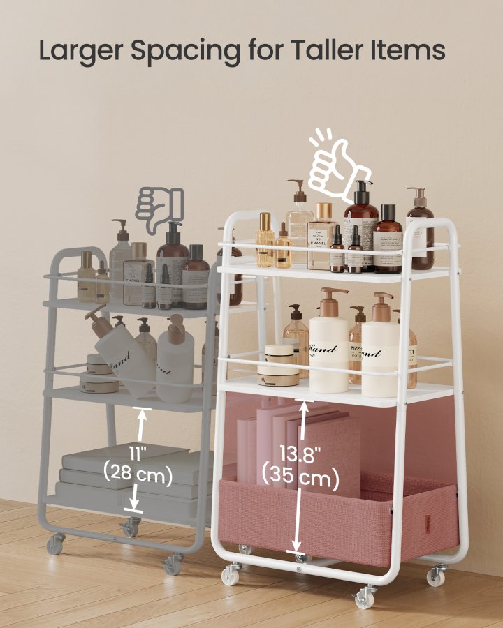 VASAGLE LILEA Kollektion - Opbevaringsvogn med stofkurv, 3-lags rullevogn p� hjul, med hylder, til stue, sovev�relse, k�kken, Cloud White og Camel Brown LRC001WB01