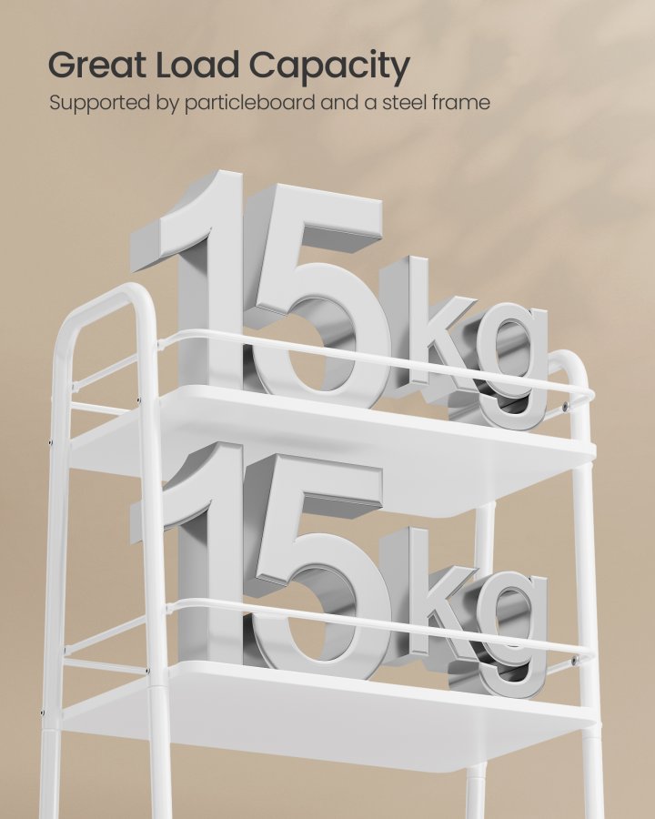 VASAGLE LILEA Kollektion - Opbevaringsvogn med stofkurv, 3-lags rullevogn p� hjul, med hylder, til stue, sovev�relse, k�kken, Cloud White og Camel Brown LRC001WB01