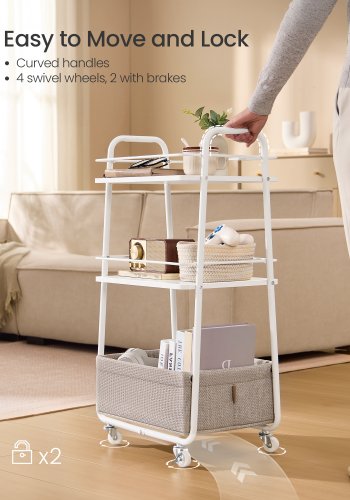 VASAGLE LILEA Kollektion - Opbevaringsvogn med stofkurv, 3-lags rullevogn p� hjul, med hylder, til stue, sovev�relse, k�kken, Cloud White og Camel Brown LRC001WB01