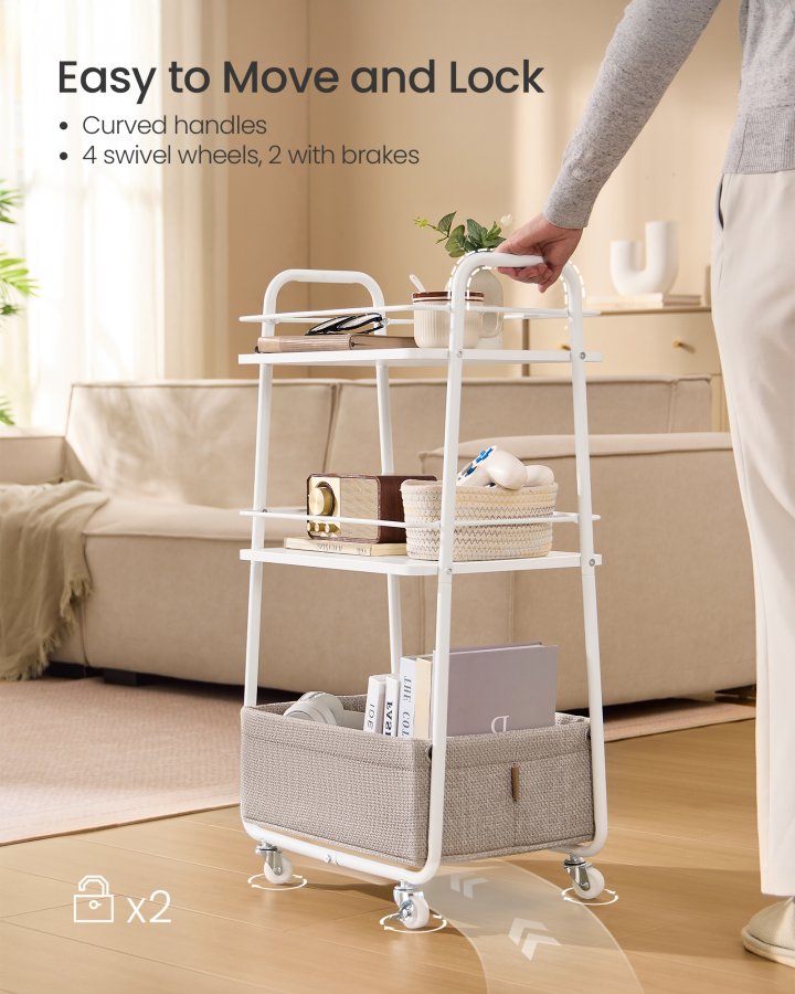 VASAGLE LILEA Kollektion - Opbevaringsvogn med stofkurv, 3-lags rullevogn p� hjul, med hylder, til stue, sovev�relse, k�kken, Cloud White og Camel Brown LRC001WB01