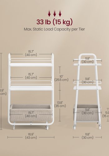 VASAGLE LILEA Kollektion - Opbevaringsvogn med stofkurv, 3-lags rullevogn p� hjul, med hylder, til stue, sovev�relse, k�kken, Cloud White og Camel Brown LRC001WB01