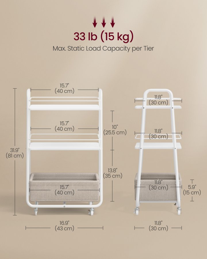 VASAGLE LILEA Kollektion - Opbevaringsvogn med stofkurv, 3-lags rullevogn p� hjul, med hylder, til stue, sovev�relse, k�kken, Cloud White og Camel Brown LRC001WB01