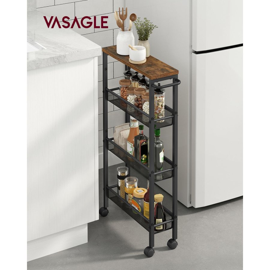 VASAGLE K�ksvagn med 4 niv�er, smal nischhylla, k�kshylla p� hjul, st�lram, handtag f�r sm� utrymmen, k�k, badrum, vardagsrum, arbetsrum, vintage, brun, svart LRC032B01V1