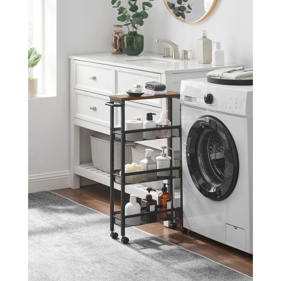 VASAGLE K�ksvagn med 4 niv�er, smal nischhylla, k�kshylla p� hjul, st�lram, handtag f�r sm� utrymmen, k�k, badrum, vardagsrum, arbetsrum, vintage, brun, svart LRC032B01V1