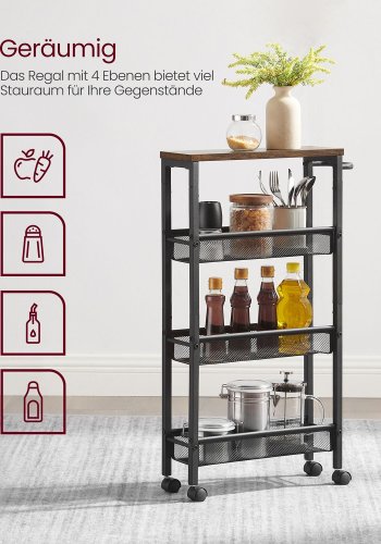 VASAGLE K�ksvagn med 4 niv�er, smal nischhylla, k�kshylla p� hjul, st�lram, handtag f�r sm� utrymmen, k�k, badrum, vardagsrum, arbetsrum, vintage, brun, svart LRC032B01V1