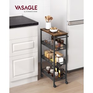 VASAGLE 4-etagers vogn, pladsbesparende k�kkenvogn med hjul, 22 cm dyb, st�lramme, h�ndtag, vogn til sm� rum, k�kken badev�relse stue atelier, rustik brun og sort LRC033B01