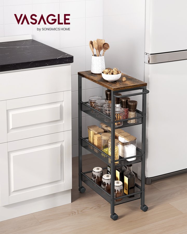 VASAGLE 4-etagers vogn, pladsbesparende k�kkenvogn med hjul, 22 cm dyb, st�lramme, h�ndtag, vogn til sm� rum, k�kken badev�relse stue atelier, rustik brun og sort LRC033B01
