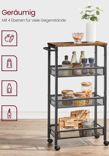 VASAGLE 4-etagers vogn, pladsbesparende k�kkenvogn med hjul, 22 cm dyb, st�lramme, h�ndtag, vogn til sm� rum, k�kken badev�relse stue atelier, rustik brun og sort LRC033B01