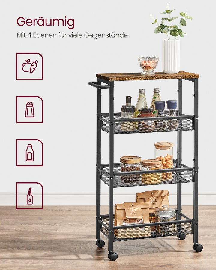 VASAGLE 4-etagers vogn, pladsbesparende k�kkenvogn med hjul, 22 cm dyb, st�lramme, h�ndtag, vogn til sm� rum, k�kken badev�relse stue atelier, rustik brun og sort LRC033B01