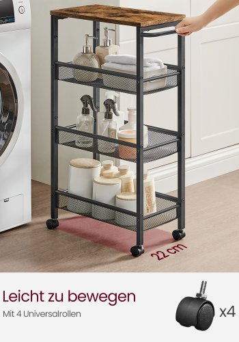 VASAGLE 4-etagers vogn, pladsbesparende k�kkenvogn med hjul, 22 cm dyb, st�lramme, h�ndtag, vogn til sm� rum, k�kken badev�relse stue atelier, rustik brun og sort LRC033B01