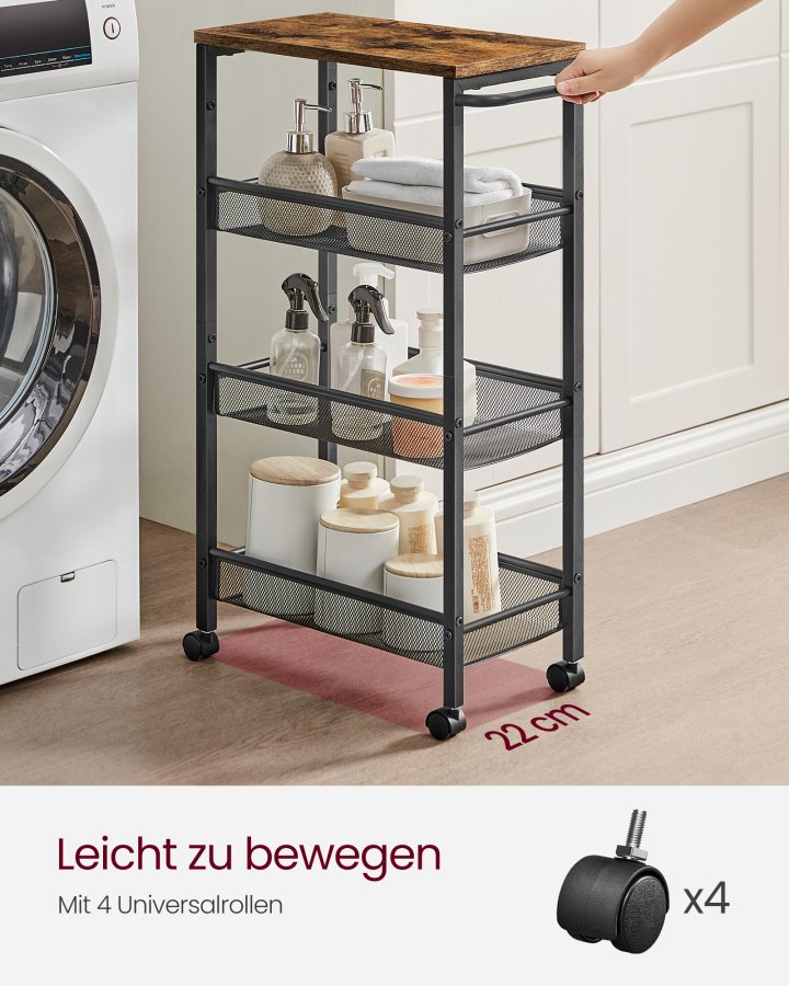 VASAGLE 4-etagers vogn, pladsbesparende k�kkenvogn med hjul, 22 cm dyb, st�lramme, h�ndtag, vogn til sm� rum, k�kken badev�relse stue atelier, rustik brun og sort LRC033B01