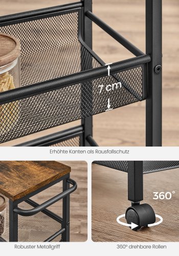 VASAGLE 4-etagers vogn, pladsbesparende k�kkenvogn med hjul, 22 cm dyb, st�lramme, h�ndtag, vogn til sm� rum, k�kken badev�relse stue atelier, rustik brun og sort LRC033B01