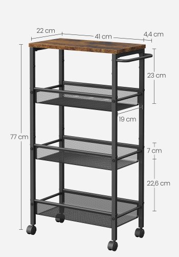 VASAGLE 4-etagers vogn, pladsbesparende k�kkenvogn med hjul, 22 cm dyb, st�lramme, h�ndtag, vogn til sm� rum, k�kken badev�relse stue atelier, rustik brun og sort LRC033B01