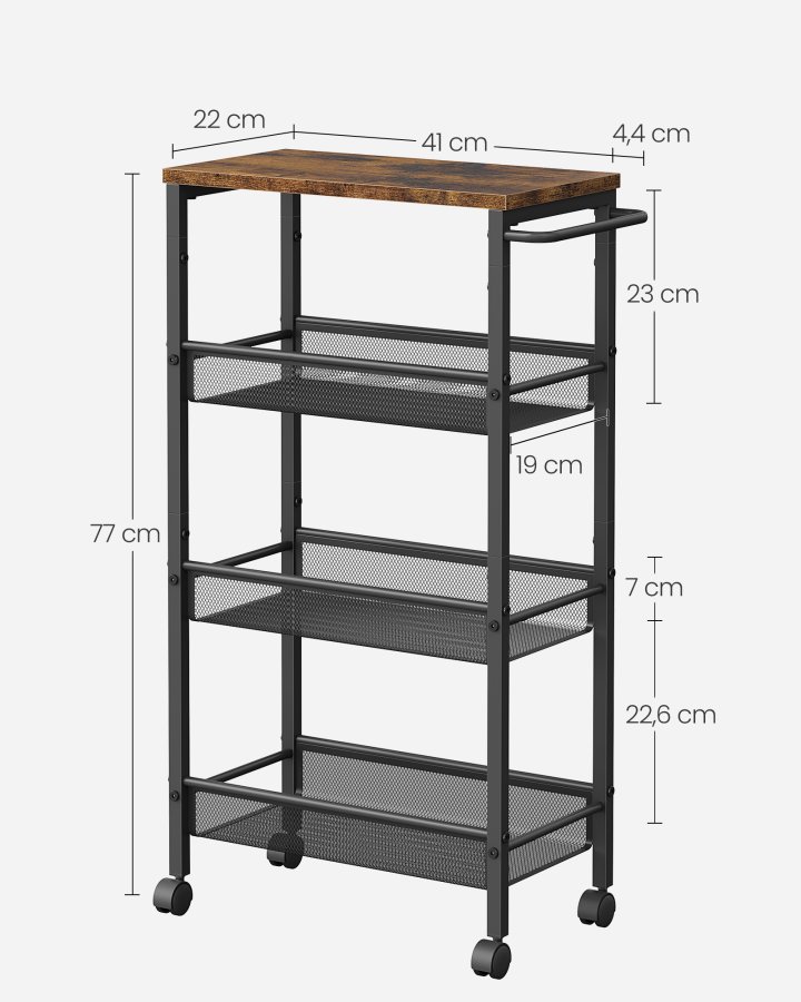 VASAGLE 4-etagers vogn, pladsbesparende k�kkenvogn med hjul, 22 cm dyb, st�lramme, h�ndtag, vogn til sm� rum, k�kken badev�relse stue atelier, rustik brun og sort LRC033B01