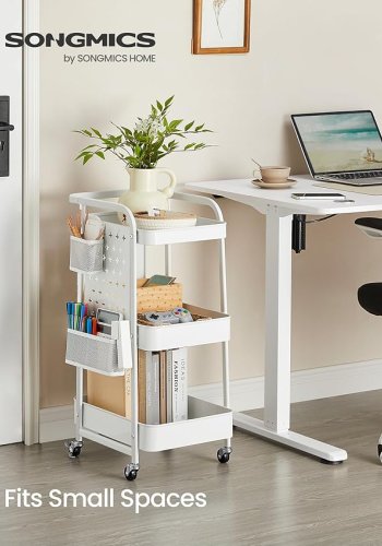 SONGMICS ULRC037W01 rullebord, m. 3 hylder, 2 aftagelige stiftbr�tter, 2 oph�ngningsholdere, 4 kroge, hjul - hvid st�l (49,4x32,3)